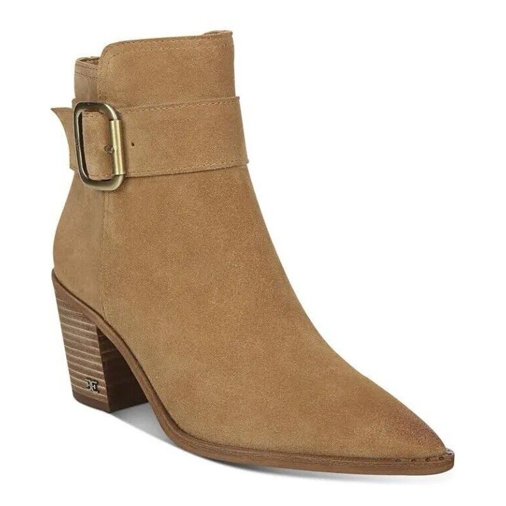 Sam Edelman Women’s Tan Suede Leonia Ankle Boot Block Heel Pointy Toe 3 in heel